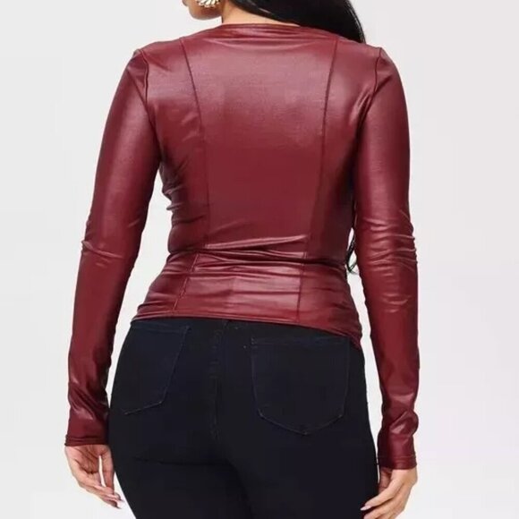 Faux Leather Lace Up Fitted Zip Front Long Sleeve Jacket Burgundy Juniors Small - Picture 2 of 6